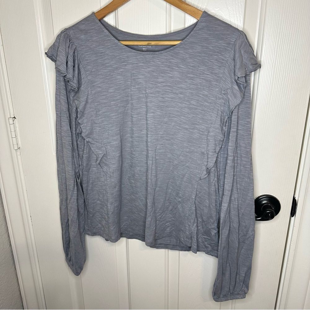 Garnet Hill Grey Cotton Lyocell Blend Ruffle Longsleeve Blouse Sz L Minimalist